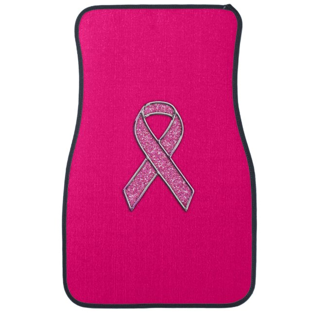 Vibrant Chrome Glitter Style Pink Ribbon Awareness Car Floor Mat (Front)
