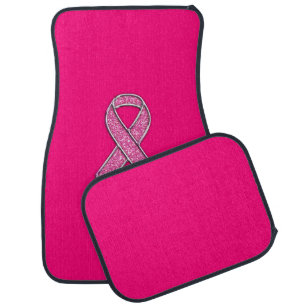 Vibrant Chrome Glitter Style Pink Ribbon Awareness Car Mat