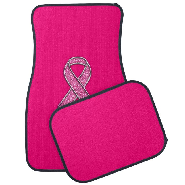 Vibrant Chrome Glitter Style Pink Ribbon Awareness Car Mat (Set)