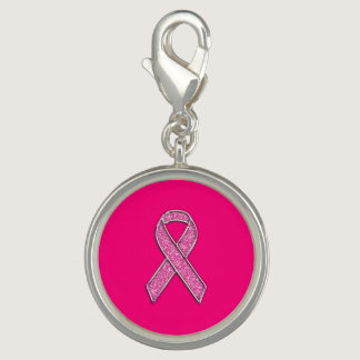 Vibrant Chrome Glitter Style Pink Ribbon Awareness Charm