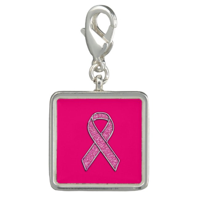 Vibrant Chrome Glitter Style Pink Ribbon Awareness Charm (Front)