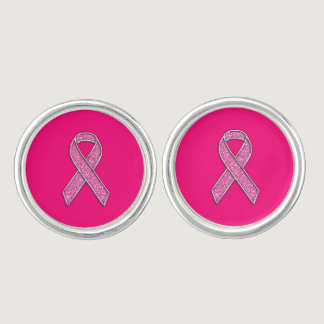 Vibrant Chrome Glitter Style Pink Ribbon Awareness Cufflinks
