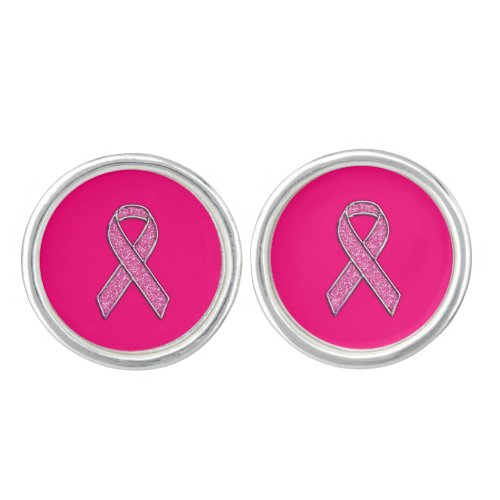 Vibrant Chrome Glitter Style Pink Ribbon Awareness Cufflinks