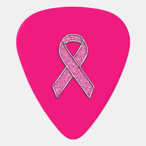 Vibrant Chrome Glitter Style Pink Ribbon Awareness Guitar Pick