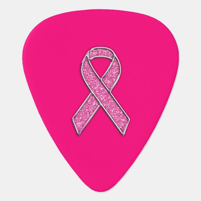 Vibrant Chrome Glitter Style Pink Ribbon Awareness Guitar Pick (Front)
