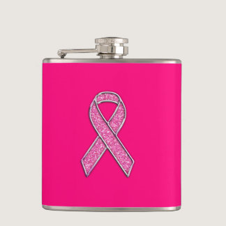 Vibrant Chrome Glitter Style Pink Ribbon Awareness Hip Flask