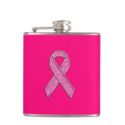 Vibrant Chrome Glitter Style Pink Ribbon Awareness Hip Flask