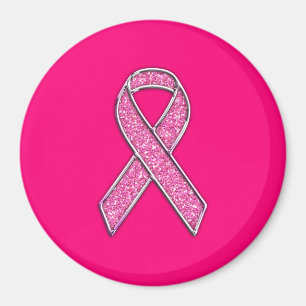 Vibrant Chrome Glitter Style Pink Ribbon Awareness Magnet
