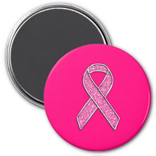 Vibrant Chrome Glitter Style Pink Ribbon Awareness Magnet