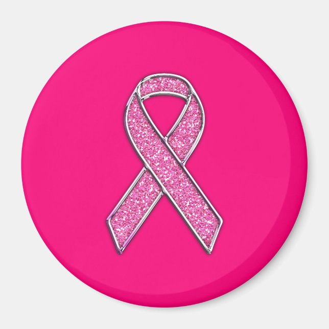 Vibrant Chrome Glitter Style Pink Ribbon Awareness Magnet (Front)