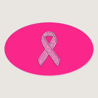 Vibrant Chrome Glitter Style Pink Ribbon Awareness Oval Sticker