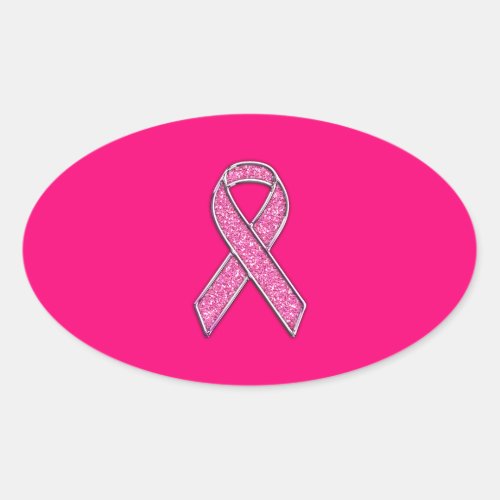 Vibrant Chrome Glitter Style Pink Ribbon Awareness Oval Sticker