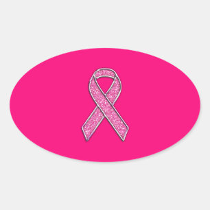 Vibrant Chrome Glitter Style Pink Ribbon Awareness Oval Sticker