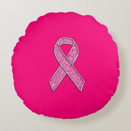 Vibrant Chrome Glitter Style Pink Ribbon Awareness Round Pillow