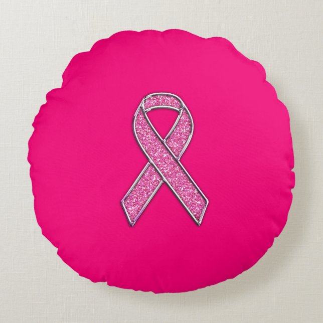 Vibrant Chrome Glitter Style Pink Ribbon Awareness Round Pillow (Front)
