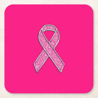 Vibrant Chrome Glitter Style Pink Ribbon Awareness Square Paper Coaster