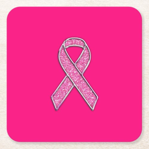 Vibrant Chrome Glitter Style Pink Ribbon Awareness Square Paper Coaster