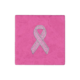Vibrant Chrome Glitter Style Pink Ribbon Awareness Stone Magnet