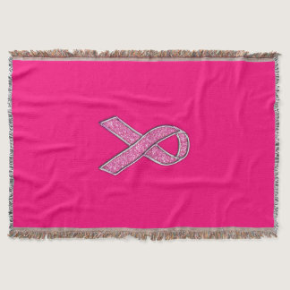 Vibrant Chrome Glitter Style Pink Ribbon Awareness Throw Blanket