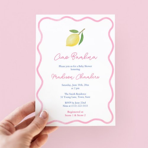 Vibrant Ciao Bambina Pink Citrus Girl Baby Shower Invitation