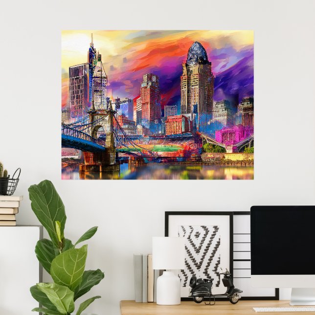 Vibrant Cincinnati Ohio Abstract Skyline Art  Poster (Home Office)