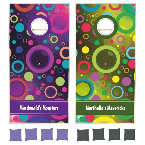 Vibrant Circles Rings Personalized PURPLE GREEN Cornhole Set