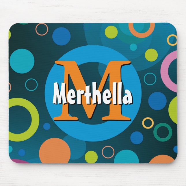 Vibrant Circles Rings Retro Personalized BLUE Mouse Pad (Front)