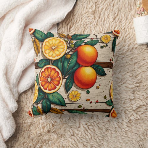 Vibrant citrus arrangement on wooden background throw pillow