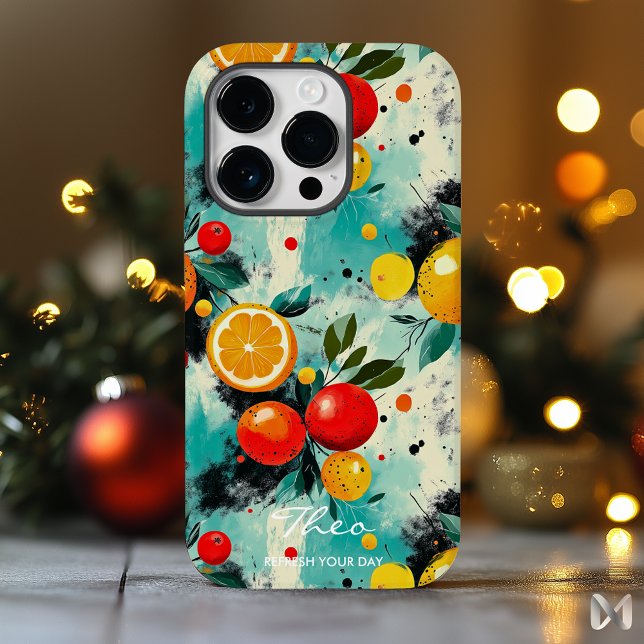 Vibrant Citrus & Berry Pattern on Aqua Background Case-Mate iPhone Case (Creator Uploaded)