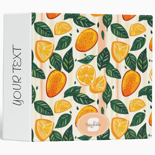 Vibrant Citrus Fruit Pattern with Green Leaves 3 Ring Binder (Front/Spine)