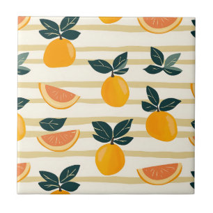 Vibrant Citrus Fruit Pattern with Green Leaves (4) Ceramic Tile