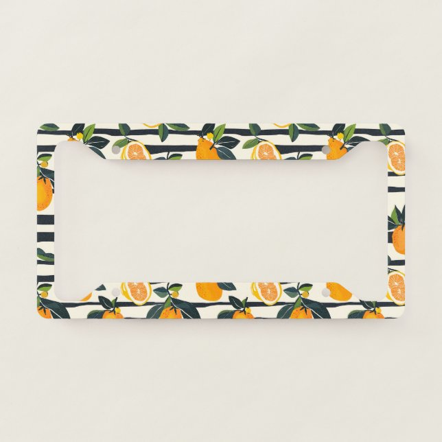 Vibrant Citrus Fruit Pattern with Green Leaves (5) License Plate Frame (Front)