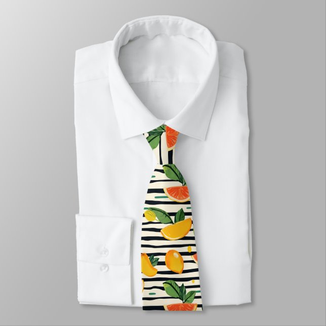 Vibrant Citrus Fruit Pattern with Green Leaves (6) Neck Tie (Tied)