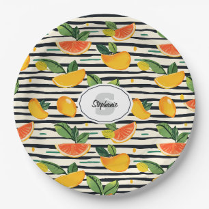 Vibrant Citrus Fruit Pattern with Green Leaves (6) Paper Plates