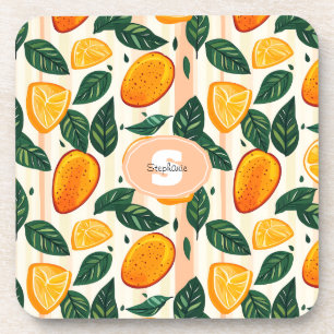 Vibrant Citrus Fruit Pattern with Green Leaves Beverage Coaster