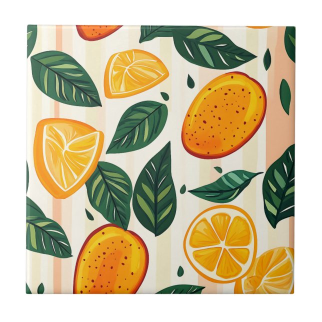 Vibrant Citrus Fruit Pattern with Green Leaves Ceramic Tile (Front)