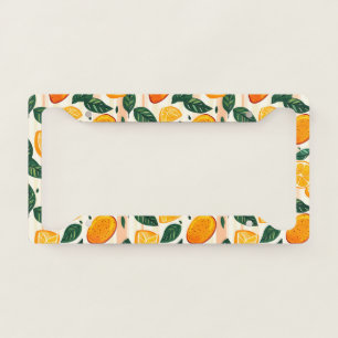 Vibrant Citrus Fruit Pattern with Green Leaves License Plate Frame