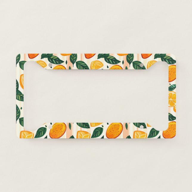 Vibrant Citrus Fruit Pattern with Green Leaves License Plate Frame (Front)