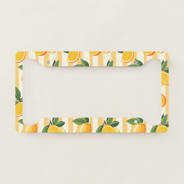 Vibrant Citrus Fruit Pattern with Green Leaves () License Plate Frame (Front)