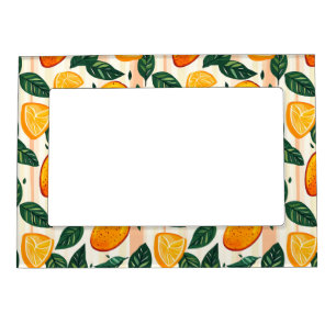 Vibrant Citrus Fruit Pattern with Green Leaves Magnetic Frame