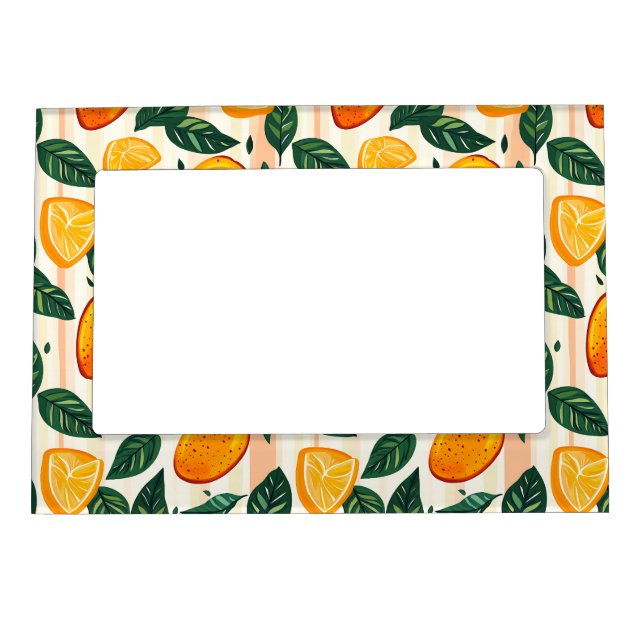 Vibrant Citrus Fruit Pattern with Green Leaves Magnetic Frame (Front)