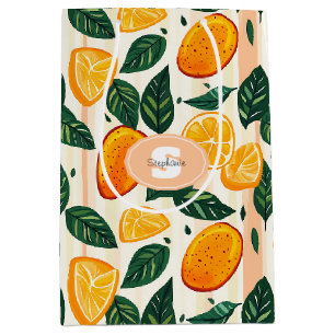 Vibrant Citrus Fruit Pattern with Green Leaves Medium Gift Bag