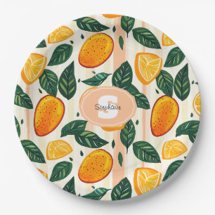 Vibrant Citrus Fruit Pattern with Green Leaves Paper Plates