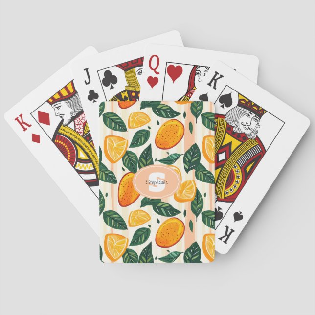 Vibrant Citrus Fruit Pattern with Green Leaves Poker Cards (Back)