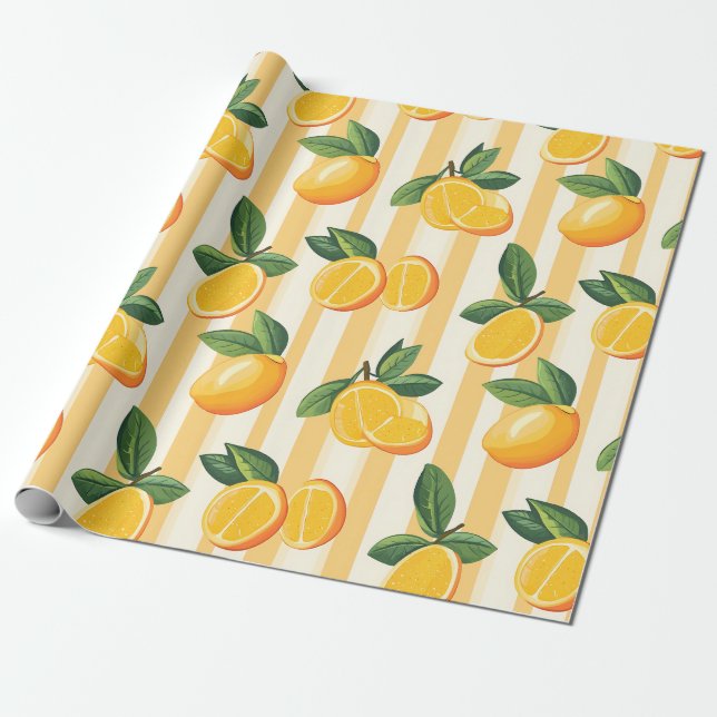 Vibrant Citrus Fruit Pattern with Green Leaves () Wrapping Paper (Unrolled)