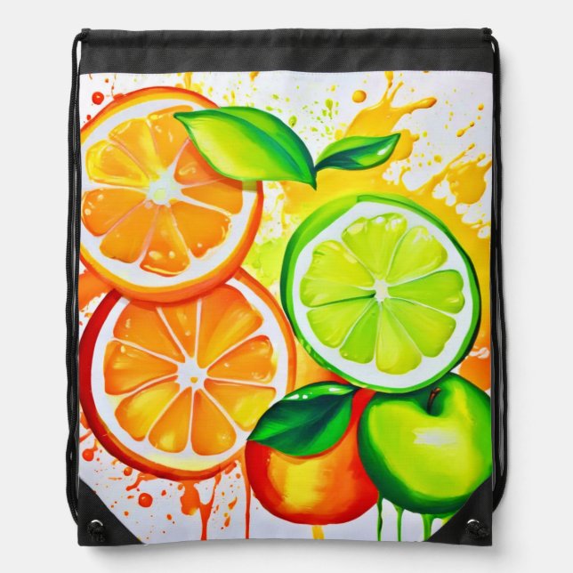 Vibrant Citrus Fruit Splash Art Drawstring Bag (Front)