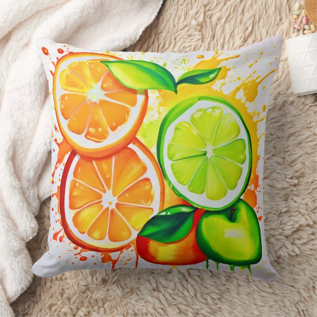 Vibrant Citrus Fruit Splash Art Throw Pillow (Blanket)