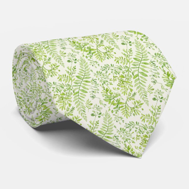 Vibrant Citrus Green and Sage Watercolor Fern Neck Tie (Rolled)