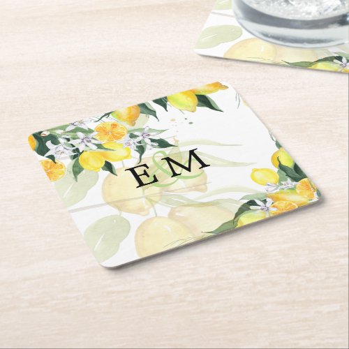 Vibrant Citrus Lemons Wedding Square Paper Coaster