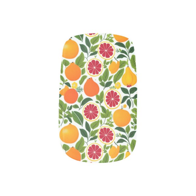 Vibrant Citrus, Pears, and Leaves Pattern Minx Nail Art (Left Thumb)